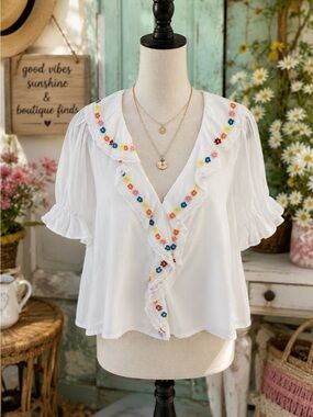 In February White Floral Trim V-Neck Women's Boho Top